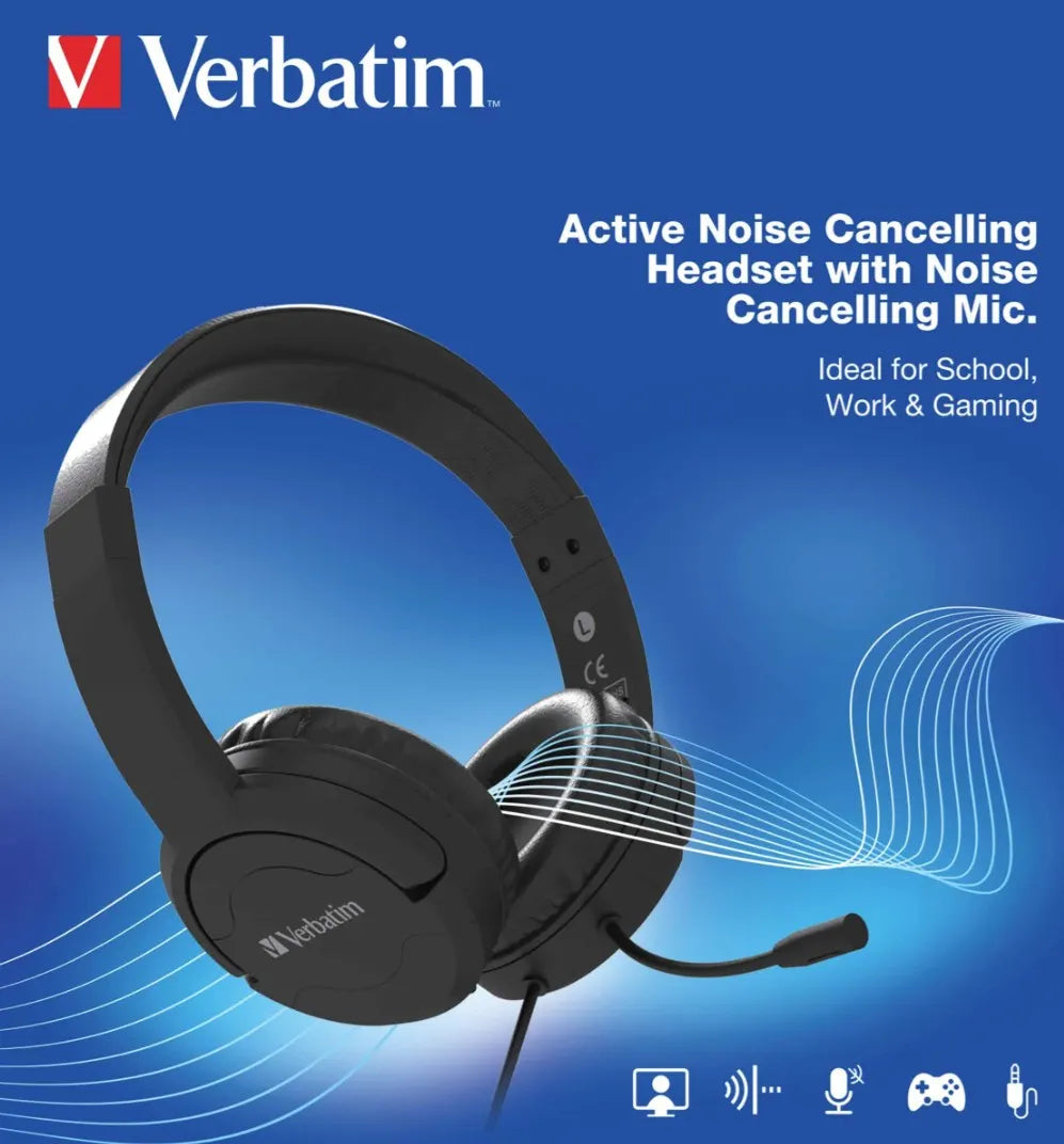 Verbatim Verbatim Multimedia Headset with ANC  Noise Cancelling Boom Mic - Black 66706 - Speakers...