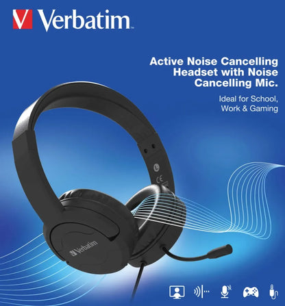 Verbatim Verbatim Multimedia Headset with ANC  Noise Cancelling Boom Mic - Black 66706 - Speakers...