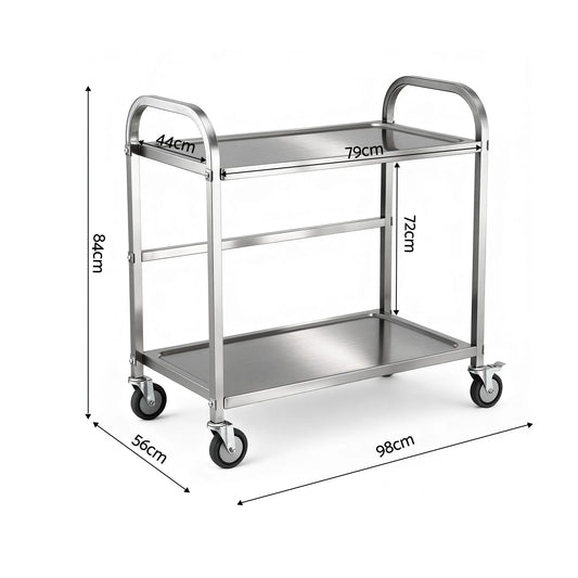 Cefito 2-Tier Stainless Steel Kitchen Trolley with Wheels 84x56x98cm - Image 2