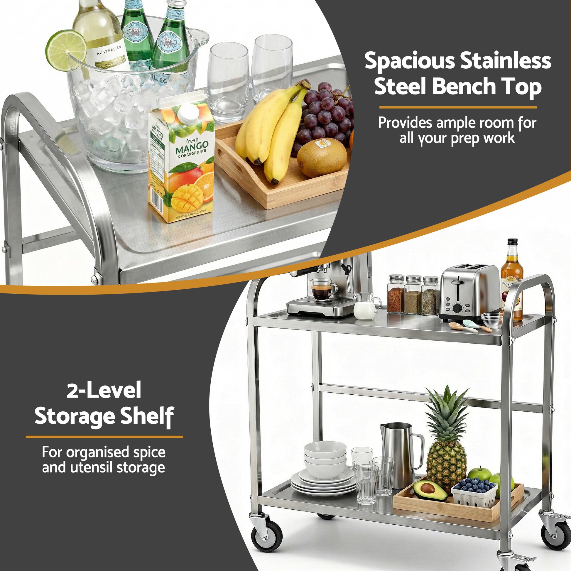 Cefito 2-Tier Stainless Steel Kitchen Trolley with Wheels 84x56x98cm - Image 4