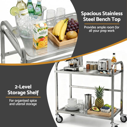 Cefito 2-Tier Stainless Steel Kitchen Trolley with Wheels 84x56x98cm - Image 4