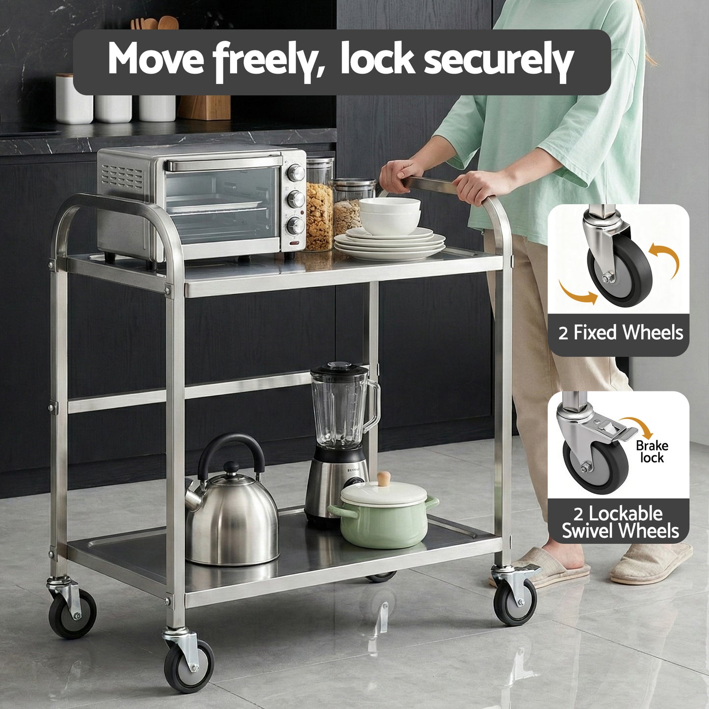 Cefito 2-Tier Stainless Steel Kitchen Trolley with Wheels 84x56x98cm - Image 5