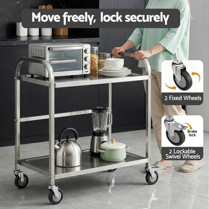 Cefito 2-Tier Stainless Steel Kitchen Trolley with Wheels 84x56x98cm - Image 5