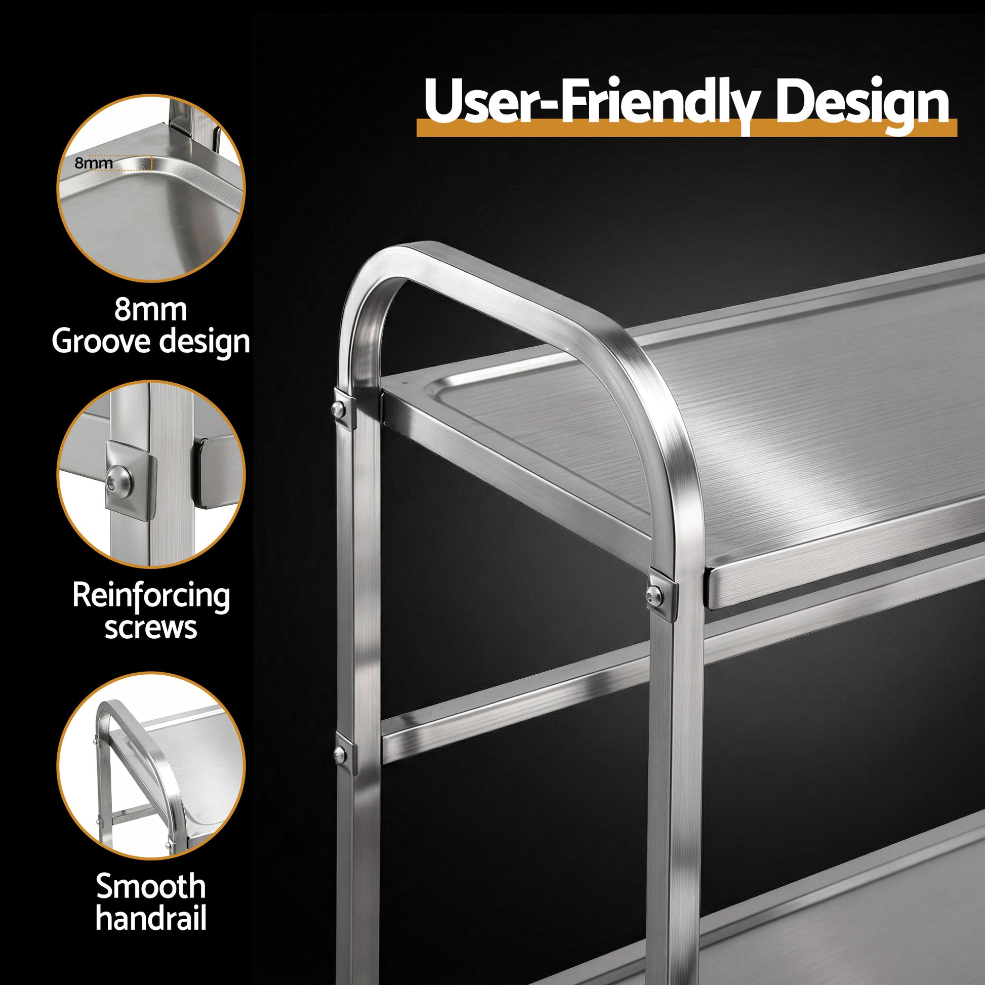 Cefito 2-Tier Stainless Steel Kitchen Trolley with Wheels 84x56x98cm - Image 6