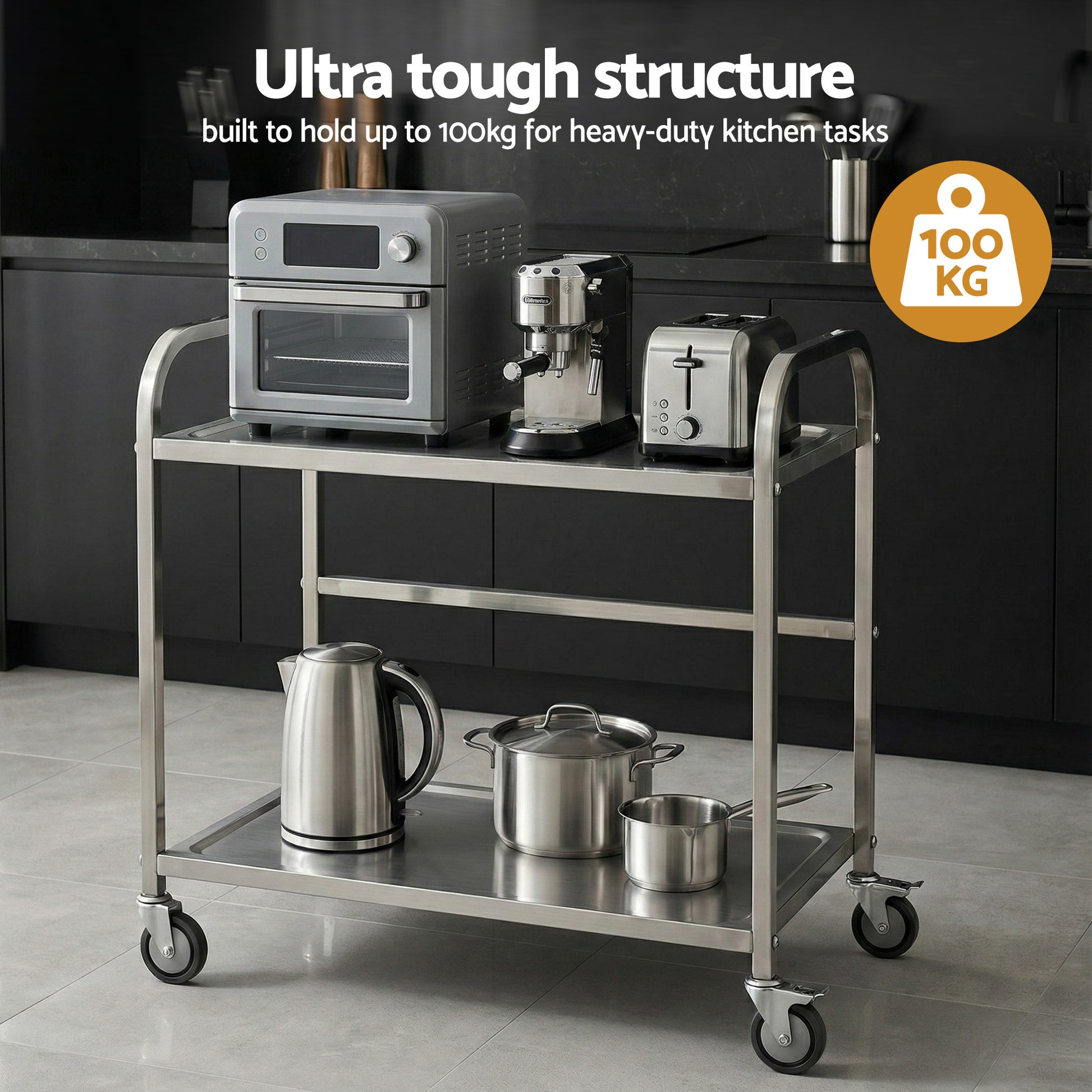Cefito 2-Tier Stainless Steel Kitchen Trolley with Wheels 84x56x98cm - Image 7