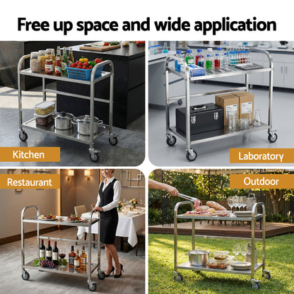 Cefito 2-Tier Stainless Steel Kitchen Trolley with Wheels 84x56x98cm - Image 8