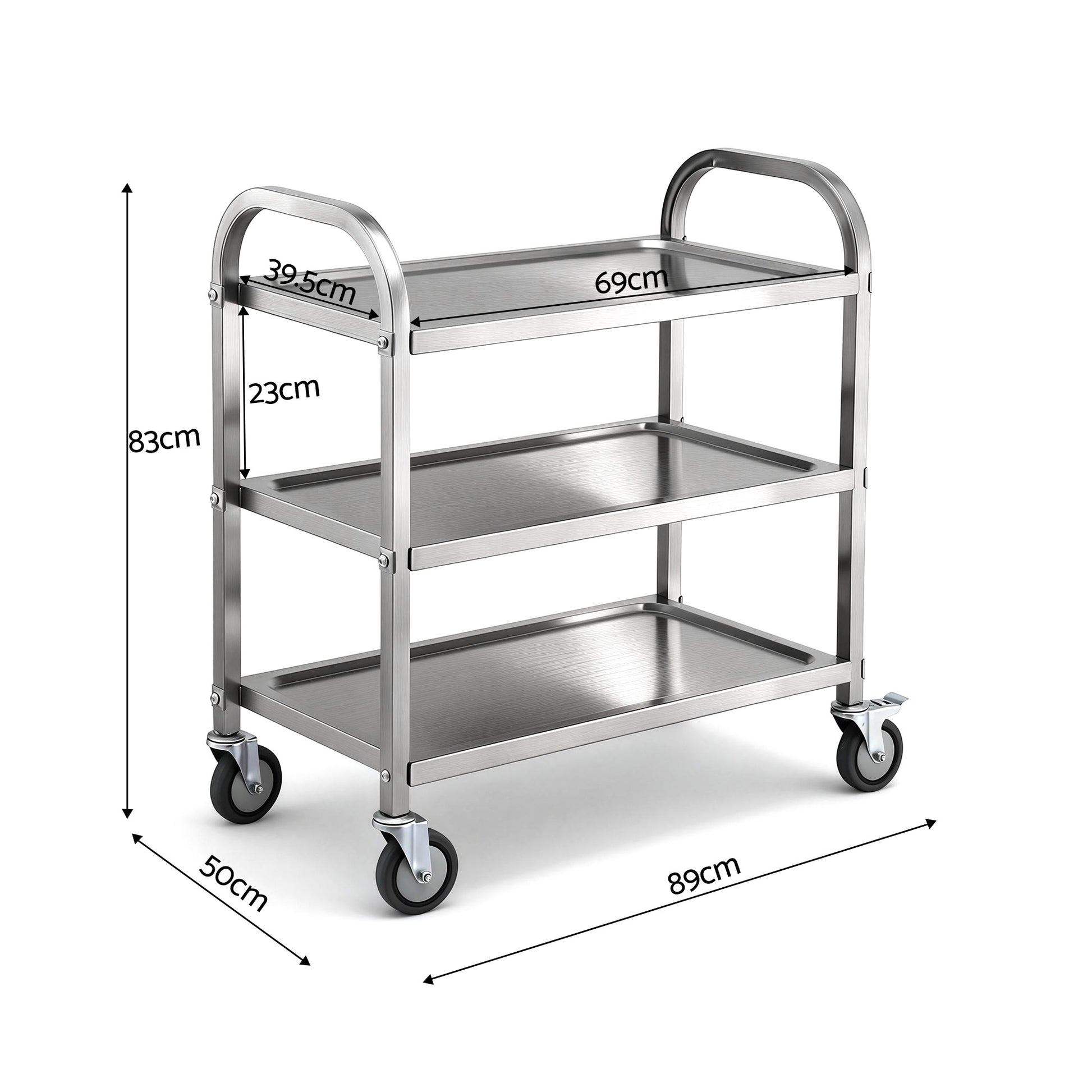 Cefito 3-Tier Stainless Steel Kitchen Trolley with Wheels 89X50X83cm - Image 2