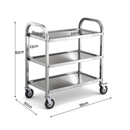 Cefito 3-Tier Stainless Steel Kitchen Trolley with Wheels 89X50X83cm - Image 2