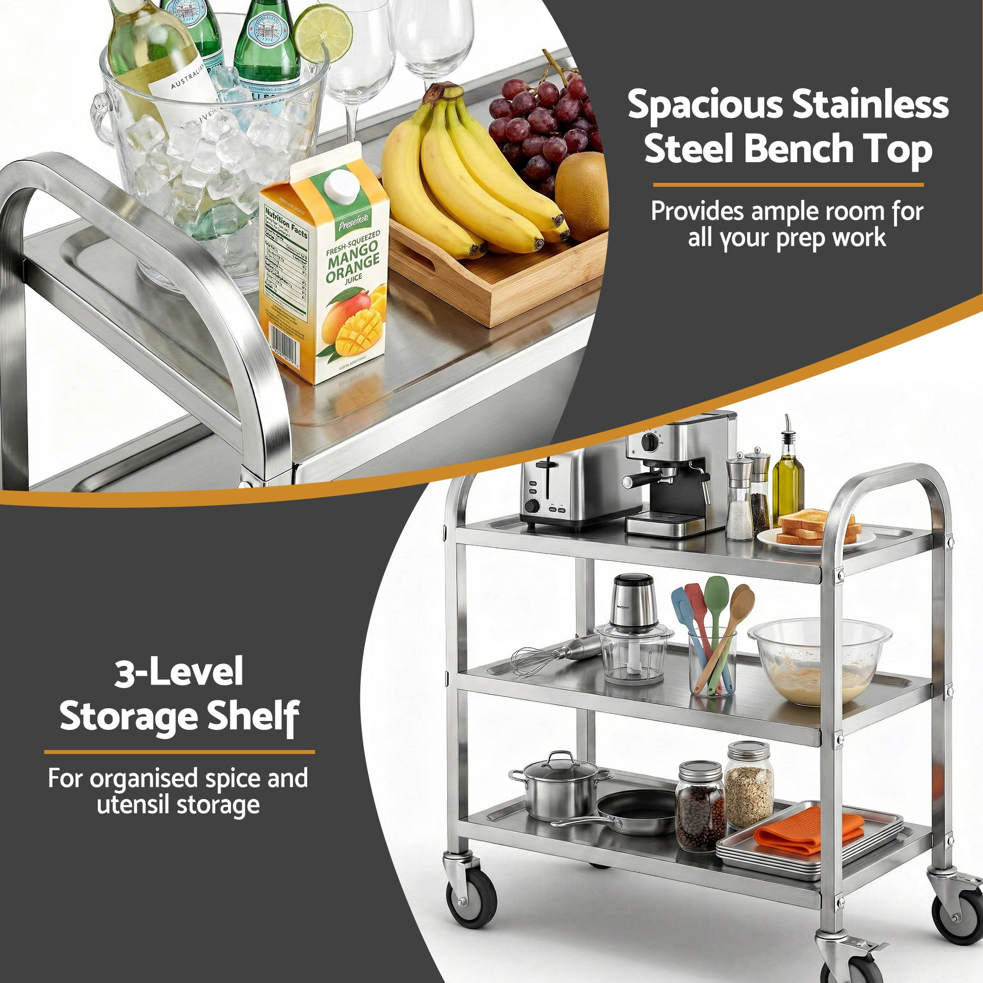 Cefito 3-Tier Stainless Steel Kitchen Trolley with Wheels 89X50X83cm - Image 4