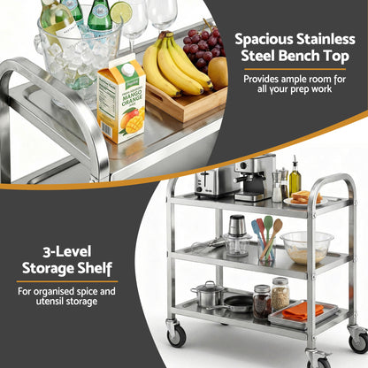 Cefito 3-Tier Stainless Steel Kitchen Trolley with Wheels 89X50X83cm - Image 4