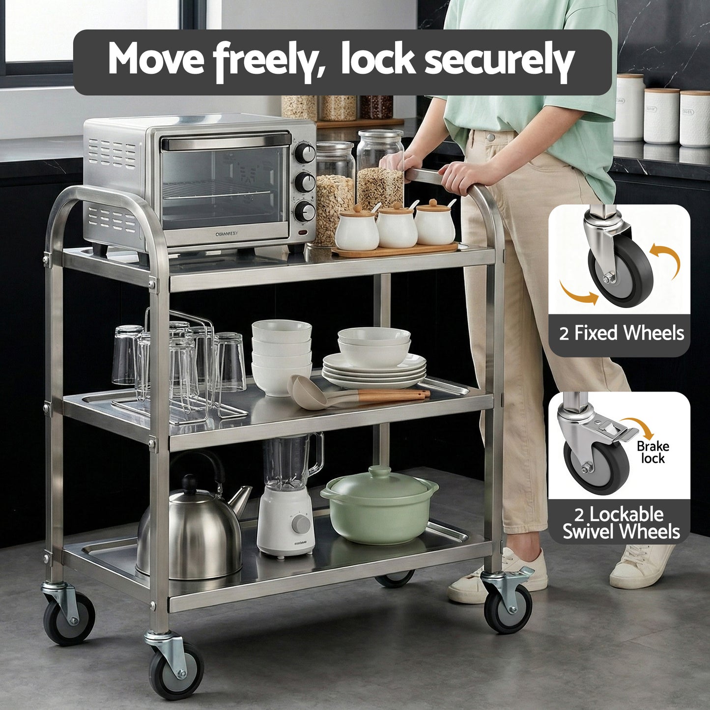 Cefito 3-Tier Stainless Steel Kitchen Trolley with Wheels 89X50X83cm - Image 5