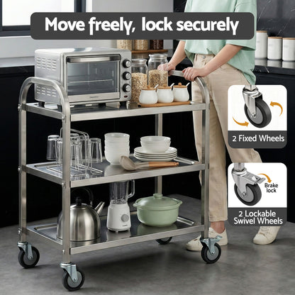 Cefito 3-Tier Stainless Steel Kitchen Trolley with Wheels 89X50X83cm - Image 5