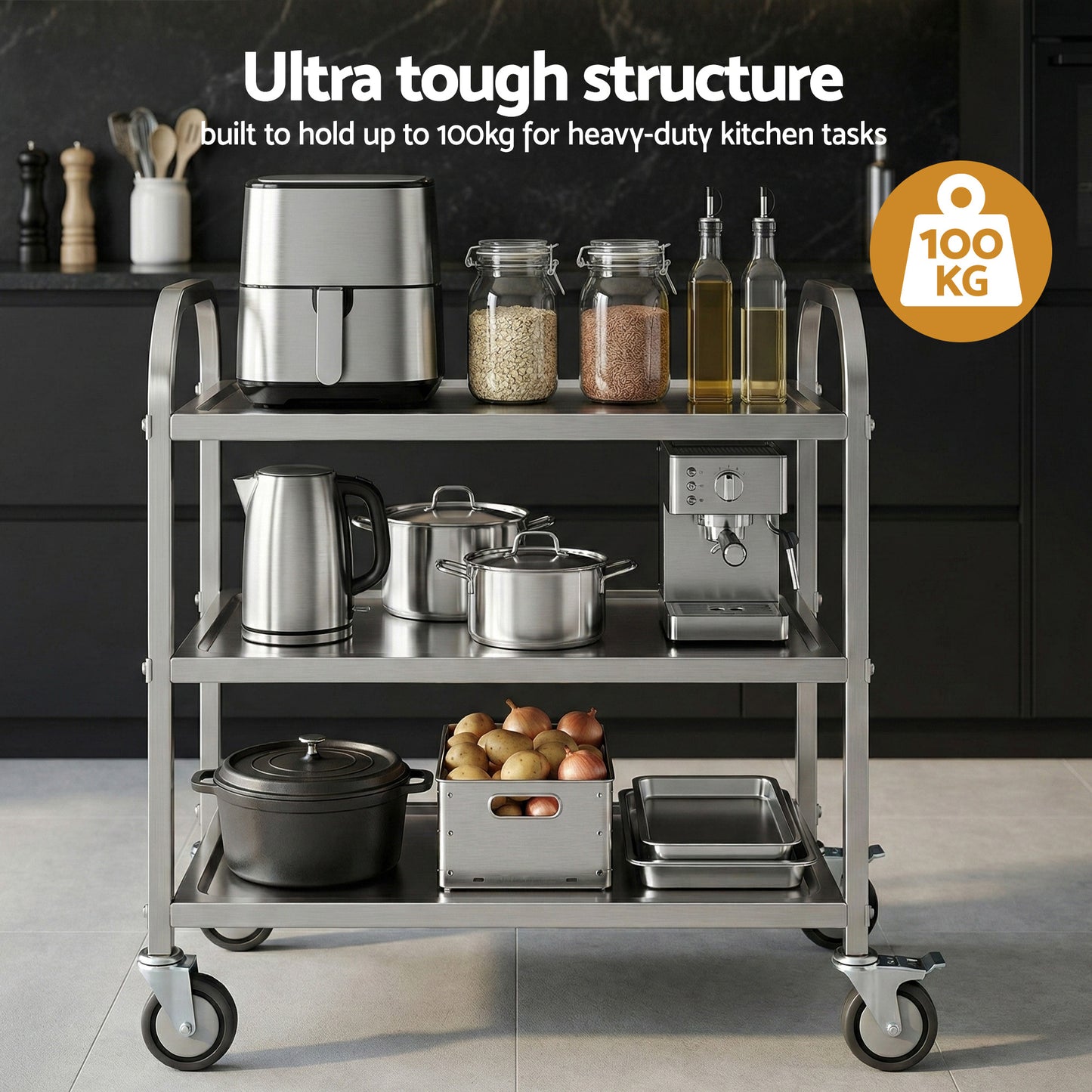 Cefito 3-Tier Stainless Steel Kitchen Trolley with Wheels 89X50X83cm - Image 7
