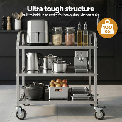 Cefito 3-Tier Stainless Steel Kitchen Trolley with Wheels 89X50X83cm - Image 7