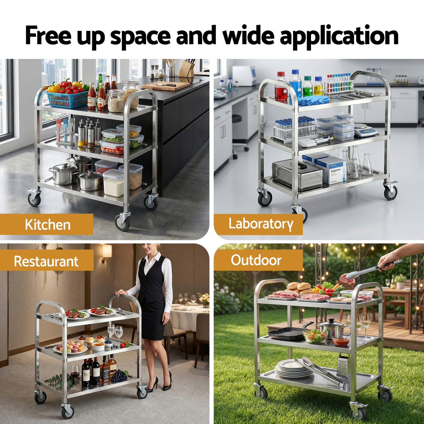 Cefito 3-Tier Stainless Steel Kitchen Trolley with Wheels 89X50X83cm - Image 8