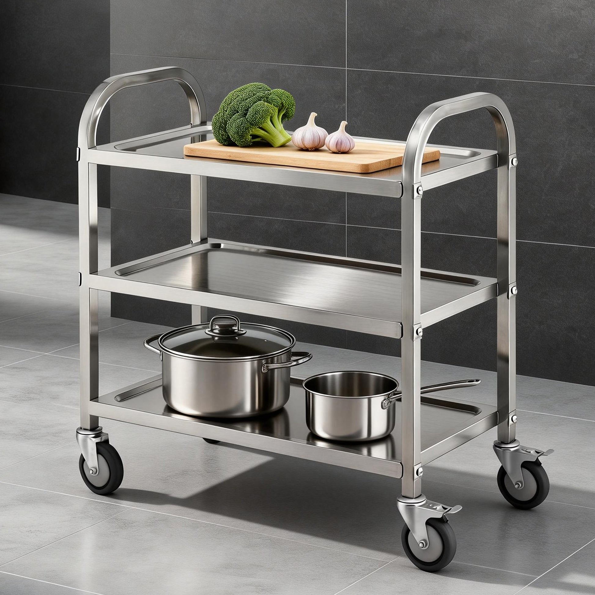 Cefito 3-Tier Stainless Steel Kitchen Trolley with Wheels 89X50X83cm - Image 9