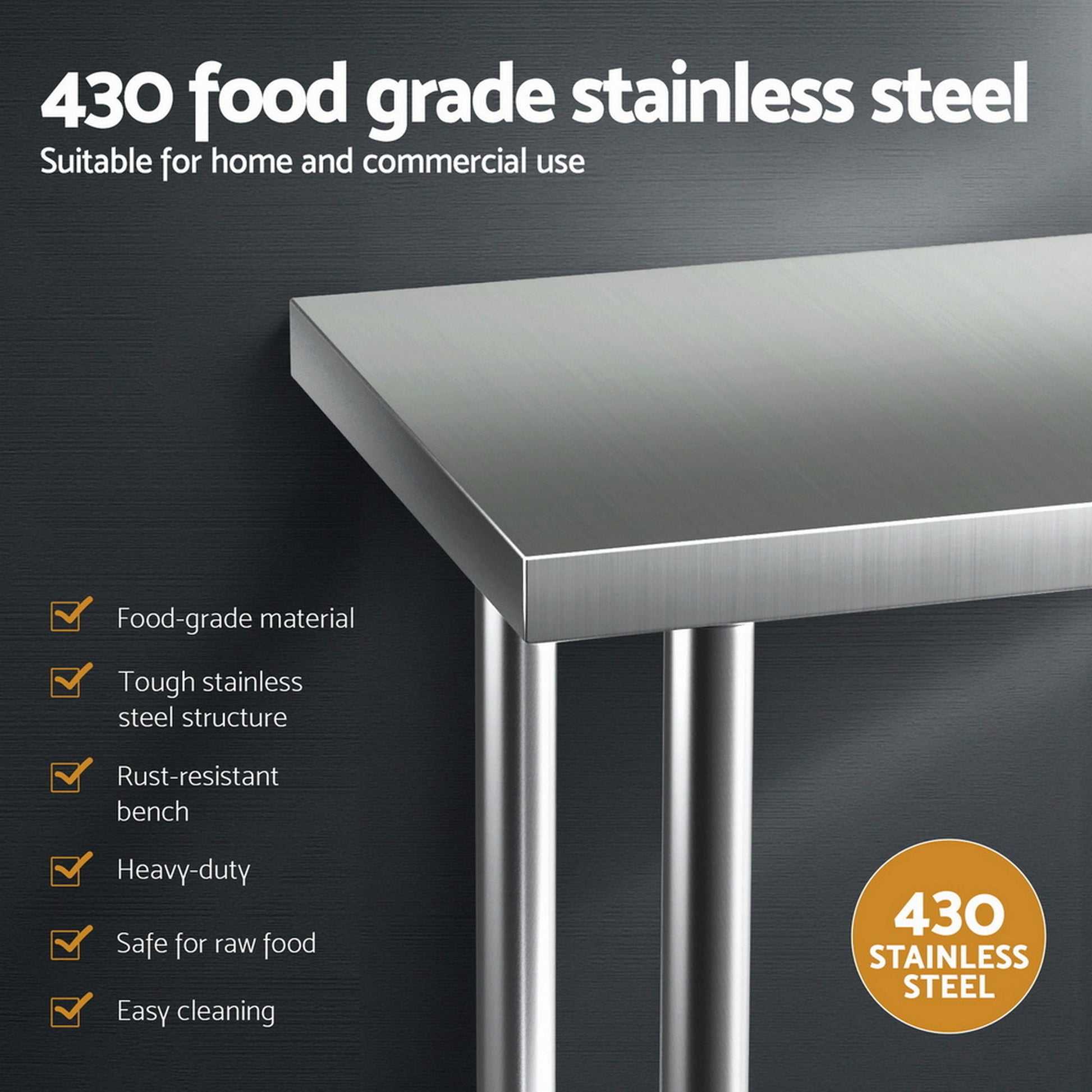 Cefito Stainless Steel Kitchen Bench w/ Splashback 760x610MM 430 - Image 4