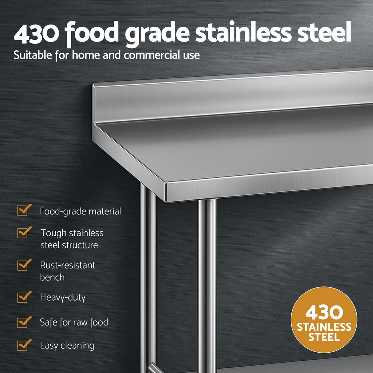 Cefito Stainless Steel Kitchen Bench w/ Splashback 1500x600MM 430 - Image 4