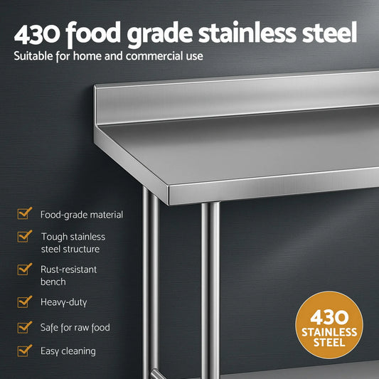 Cefito Stainless Steel Kitchen Bench w/ Splashback 1500x600MM 430 - Image 4
