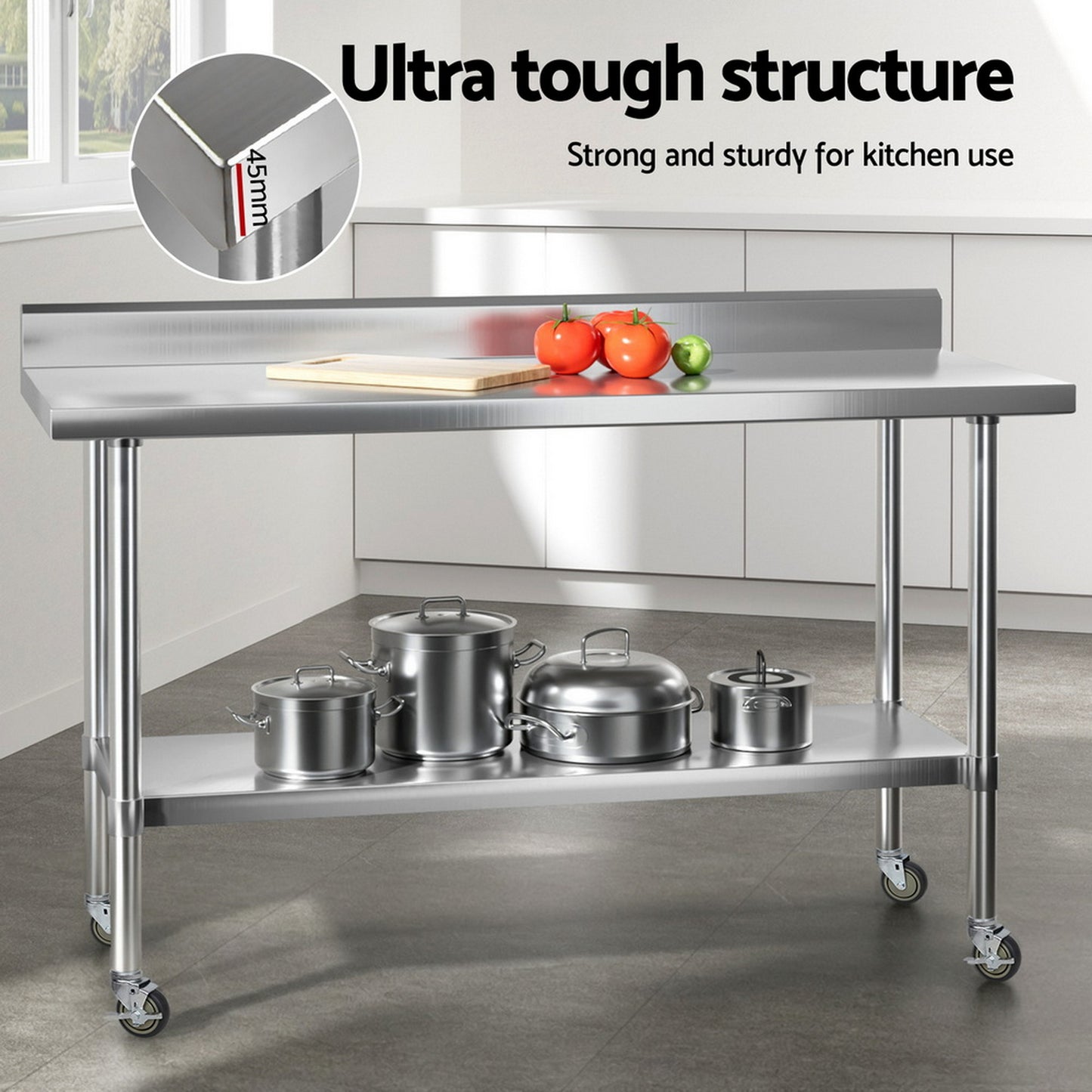 Cefito Stainless Steel Kitchen Bench w/ Splashback 1500x600MM 430 - Image 5