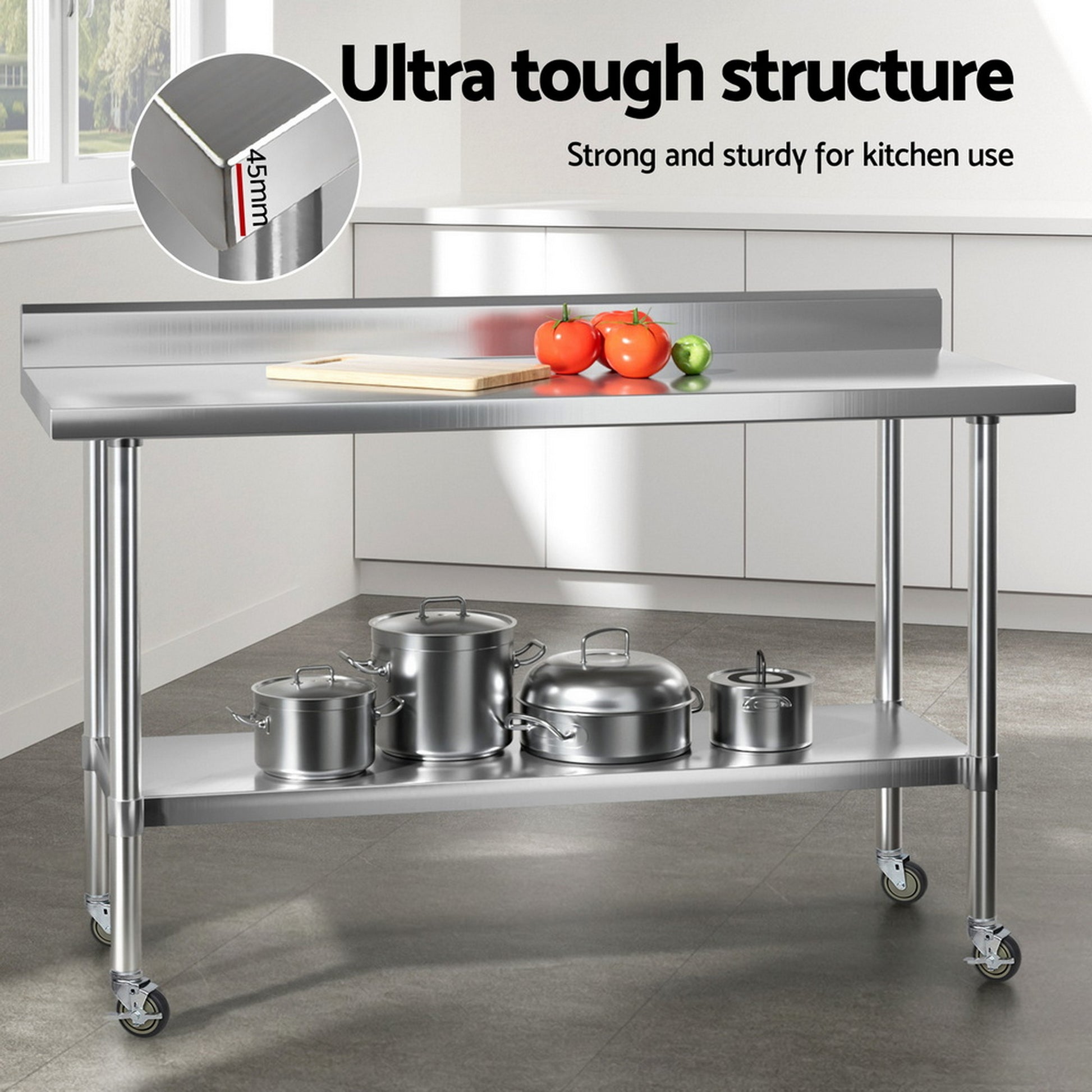 Cefito Stainless Steel Kitchen Bench w/ Splashback 1500x600MM 430 - Image 5