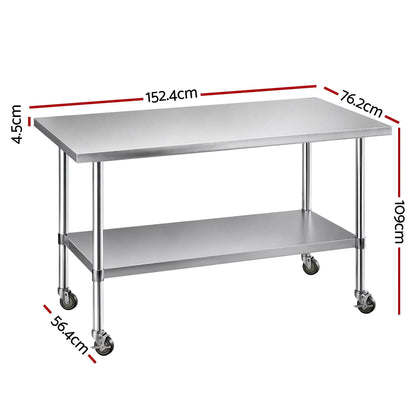 Cefito 1524x762mm Stainless Steel Kitchen Bench w/ Splashback Work Table Prep Bench Commercial 430 - Image 2