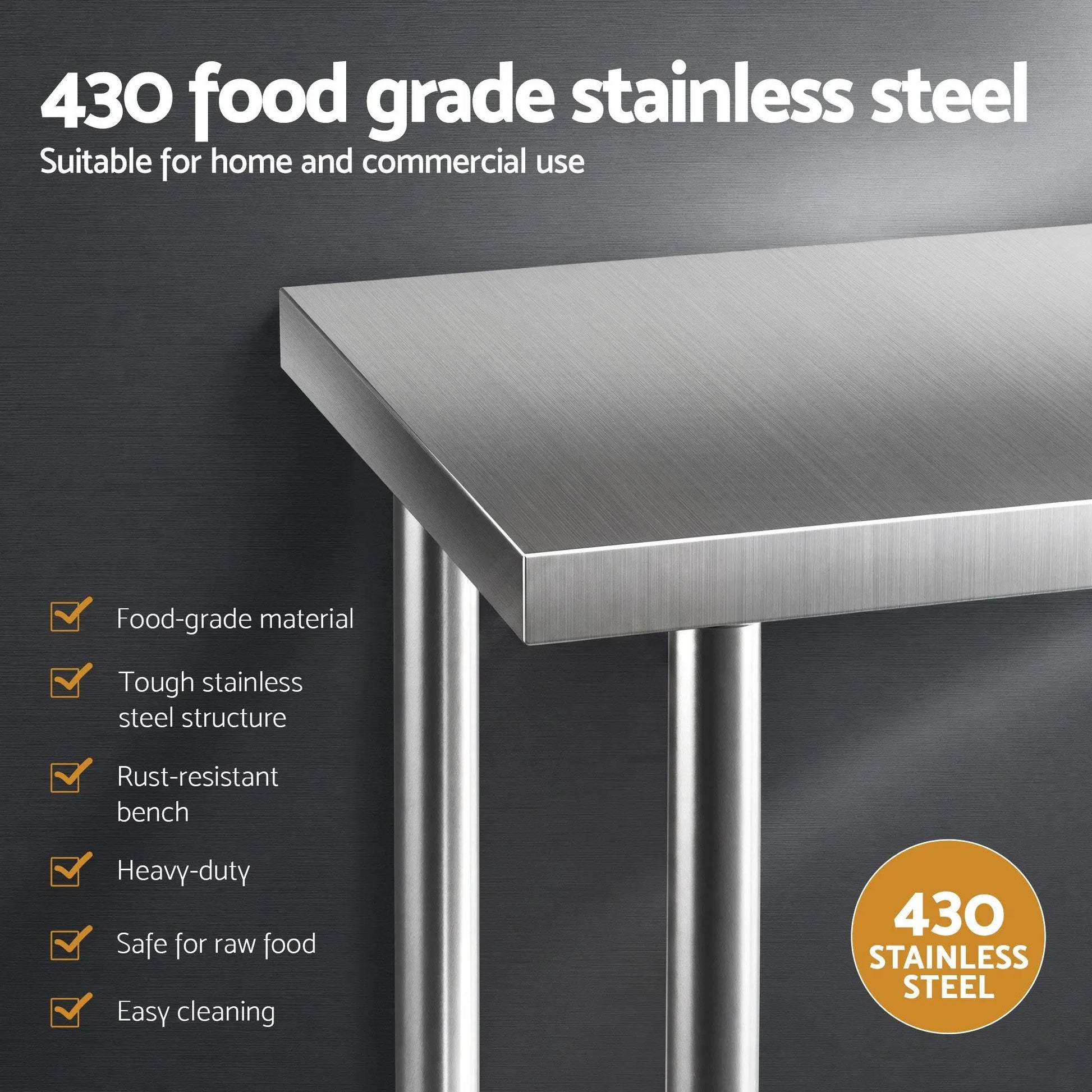 Cefito 1524x762mm Stainless Steel Kitchen Bench w/ Splashback Work Table Prep Bench Commercial 430 - Image 4