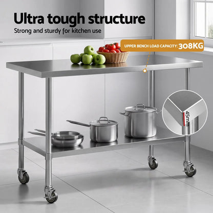 Cefito 1524x762mm Stainless Steel Kitchen Bench w/ Splashback Work Table Prep Bench Commercial 430 - Image 5
