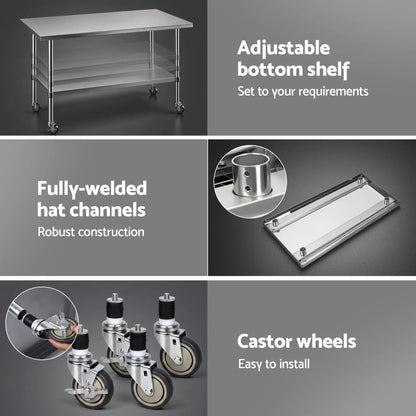 Cefito 1524x762mm Stainless Steel Kitchen Bench w/ Splashback Work Table Prep Bench Commercial 430 - Image 6