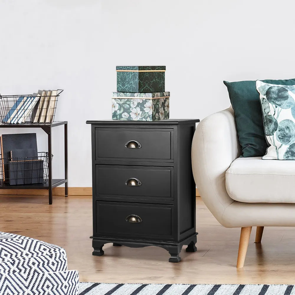 Artiss Bedside Table 3 Drawers Vintage - THYME Black - Image 7