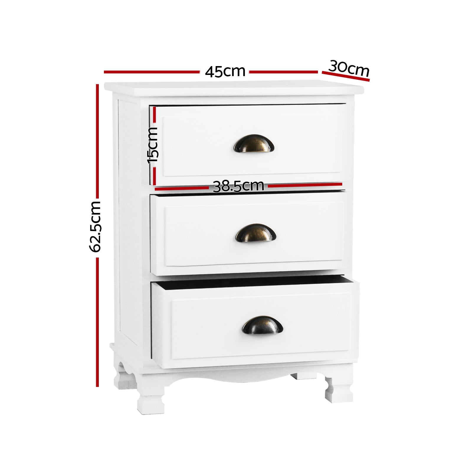Artiss 2x Bedside Table 3 Drawers Vintage - THYME White - Image 3