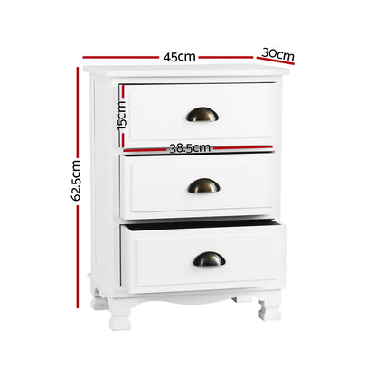 Artiss 2x Bedside Table 3 Drawers Vintage - THYME White - Image 3