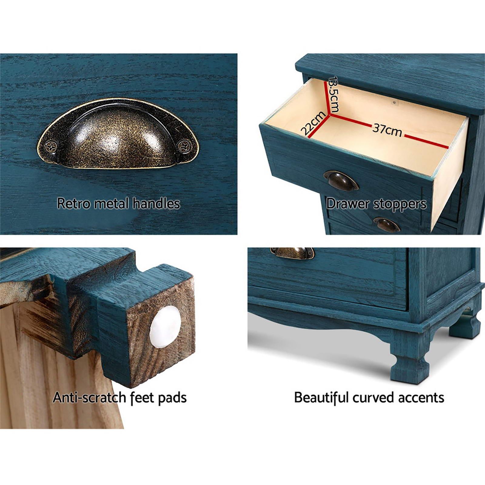 Artiss 2x Bedside Table 3 Drawers Vintage - THYME Blue - Image 6