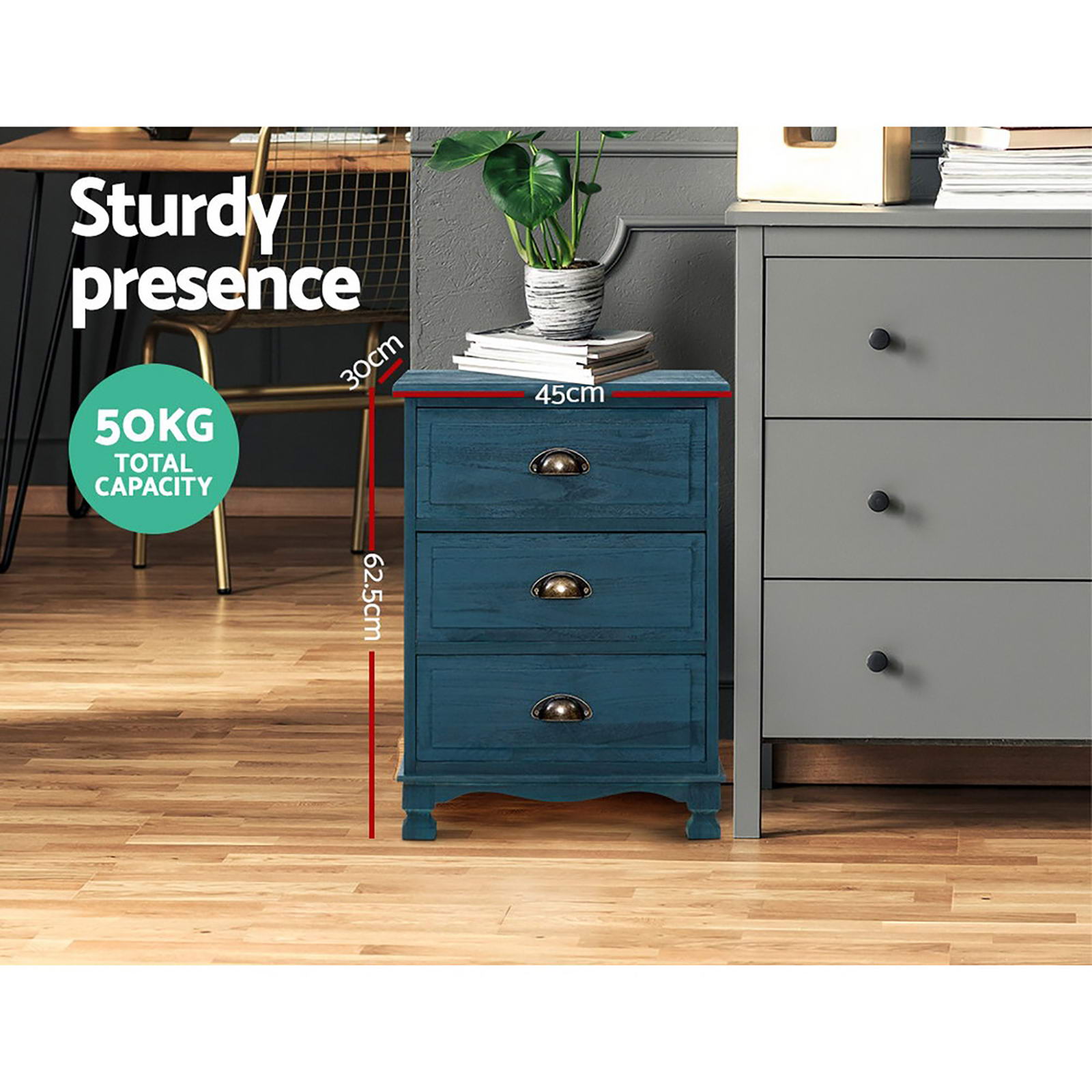 Artiss 2x Bedside Table 3 Drawers Vintage - THYME Blue - Image 7