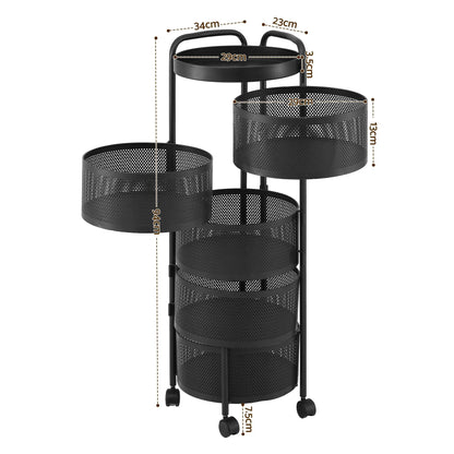 Artiss Storage Trolley Kitchen Cart 5 Tiers Storage Rack Round Basket Black - Image 3