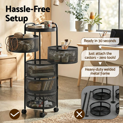 Artiss Storage Trolley Kitchen Cart 5 Tiers Storage Rack Round Basket Black - Image 7