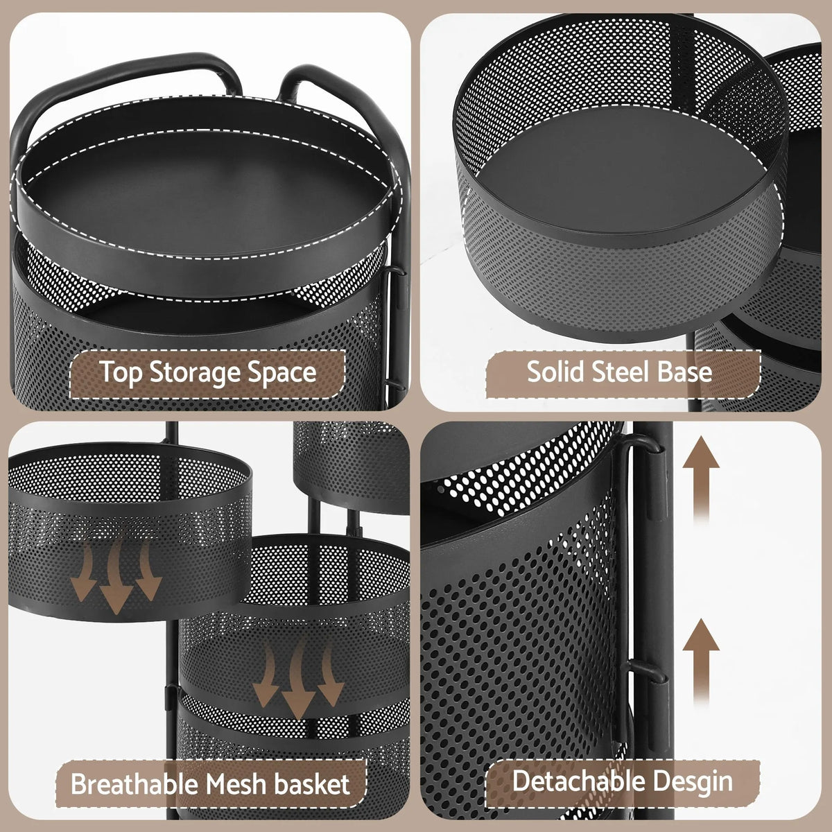 Artiss Storage Trolley Kitchen Cart 5 Tiers Storage Rack Round Basket Black - Image 8