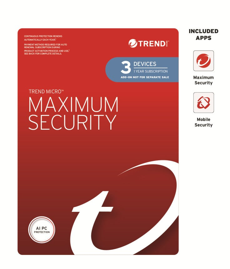 Trend Micro Maximum Security Plus (3 Devices) 1 Year Add-on Auto Renew OEM (Plus = Secure VPN / C...