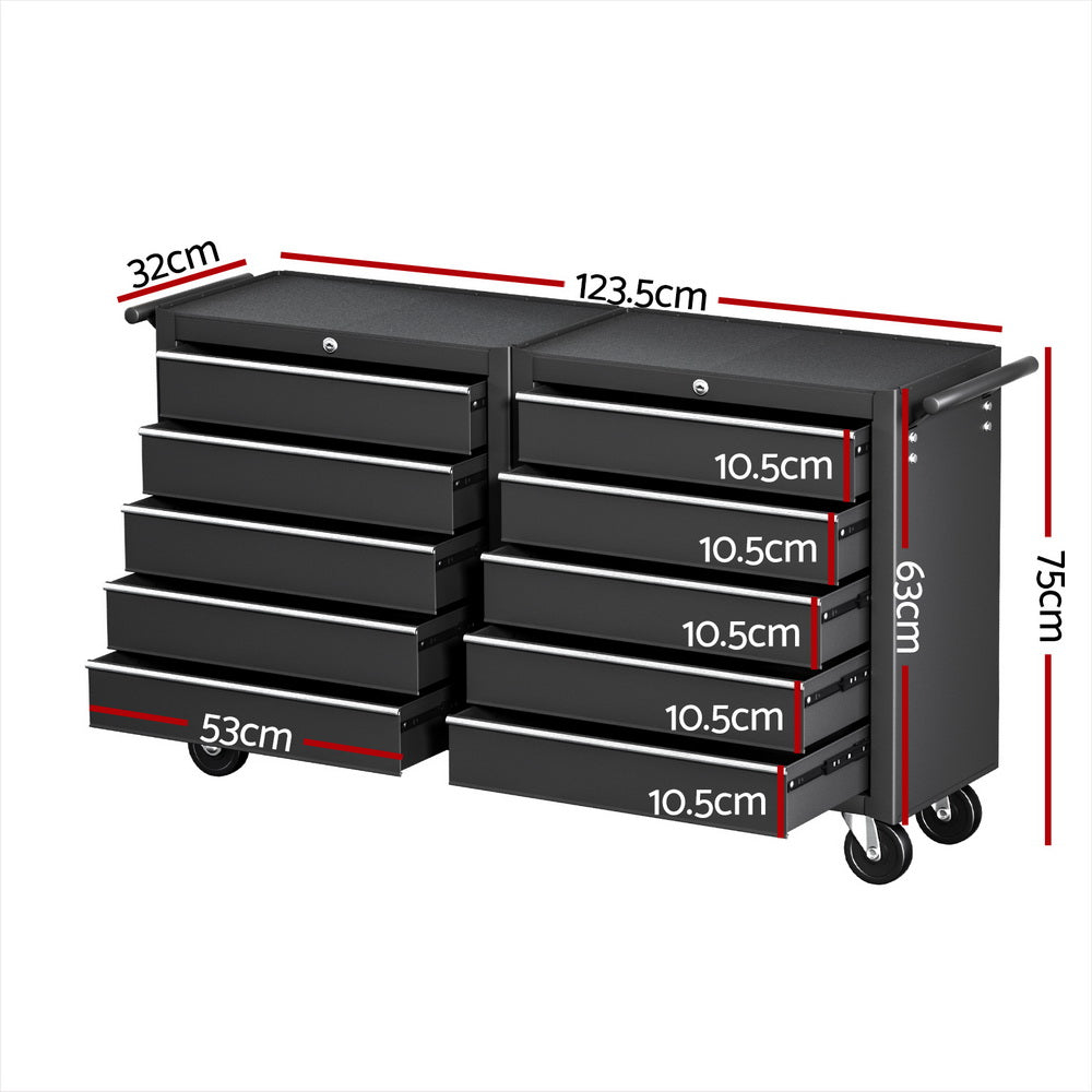 Giantz Tool Chest Trolley 10 Drawers Toolbox Storage Black - Image 2