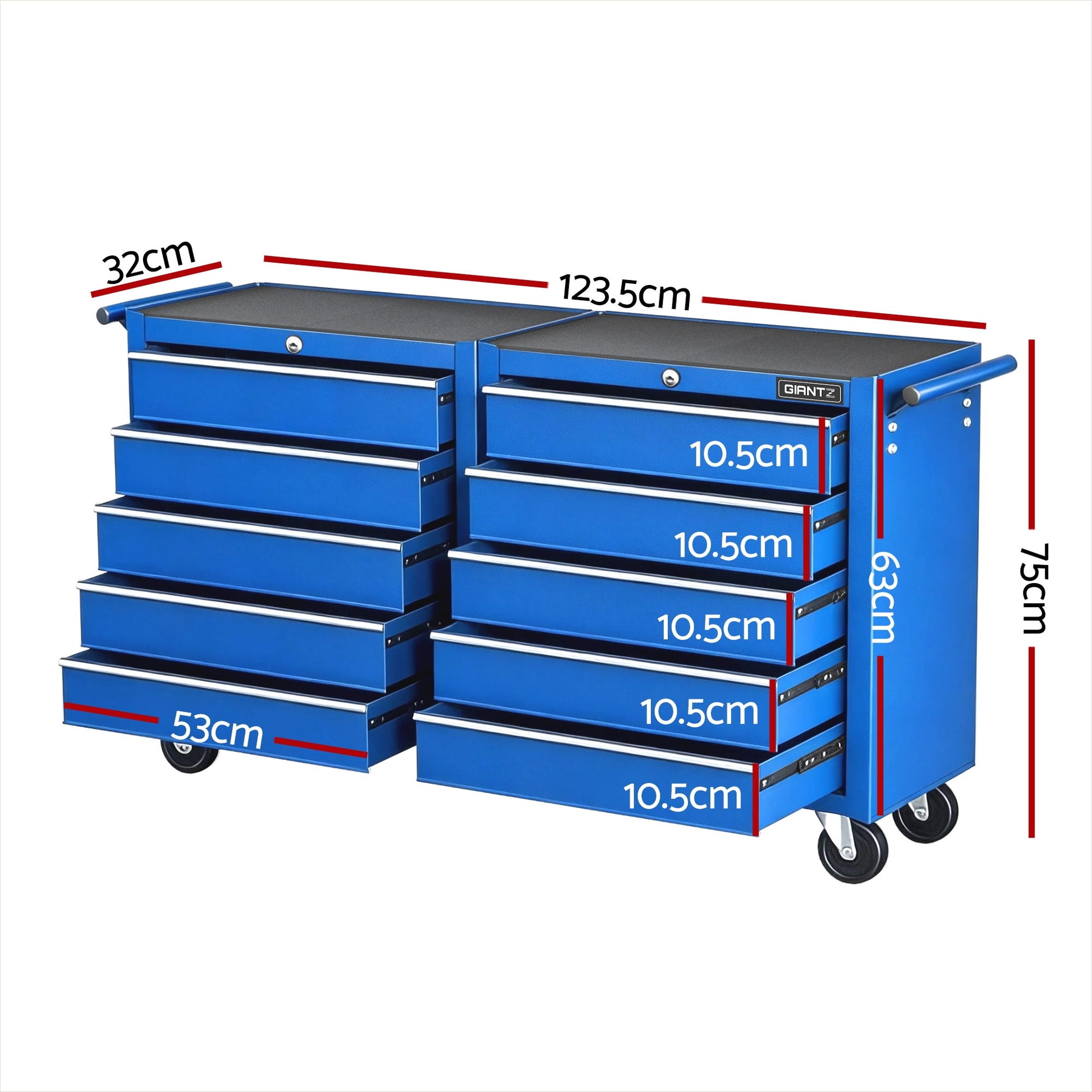 Giantz Tool Chest Trolley 10 Drawers Toolbox Storage Blue - Image 3