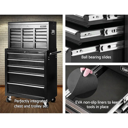 Giantz 14 Drawer Tool Box Cabinet Chest Mechanic Garage Storage Trolley Black - Image 4