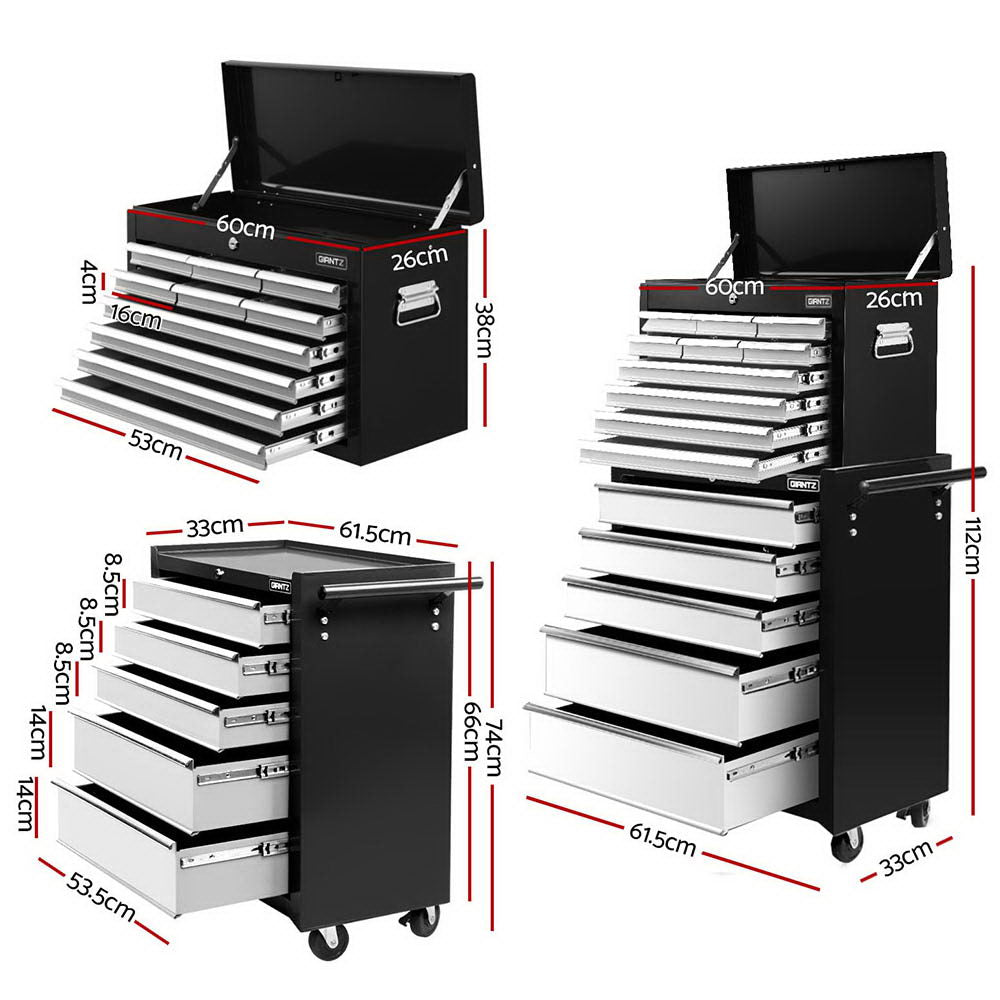 Giantz 15 Drawers Tool Chest Trolley Toolbox 2-in-1 Storage Black& Grey - Image 2
