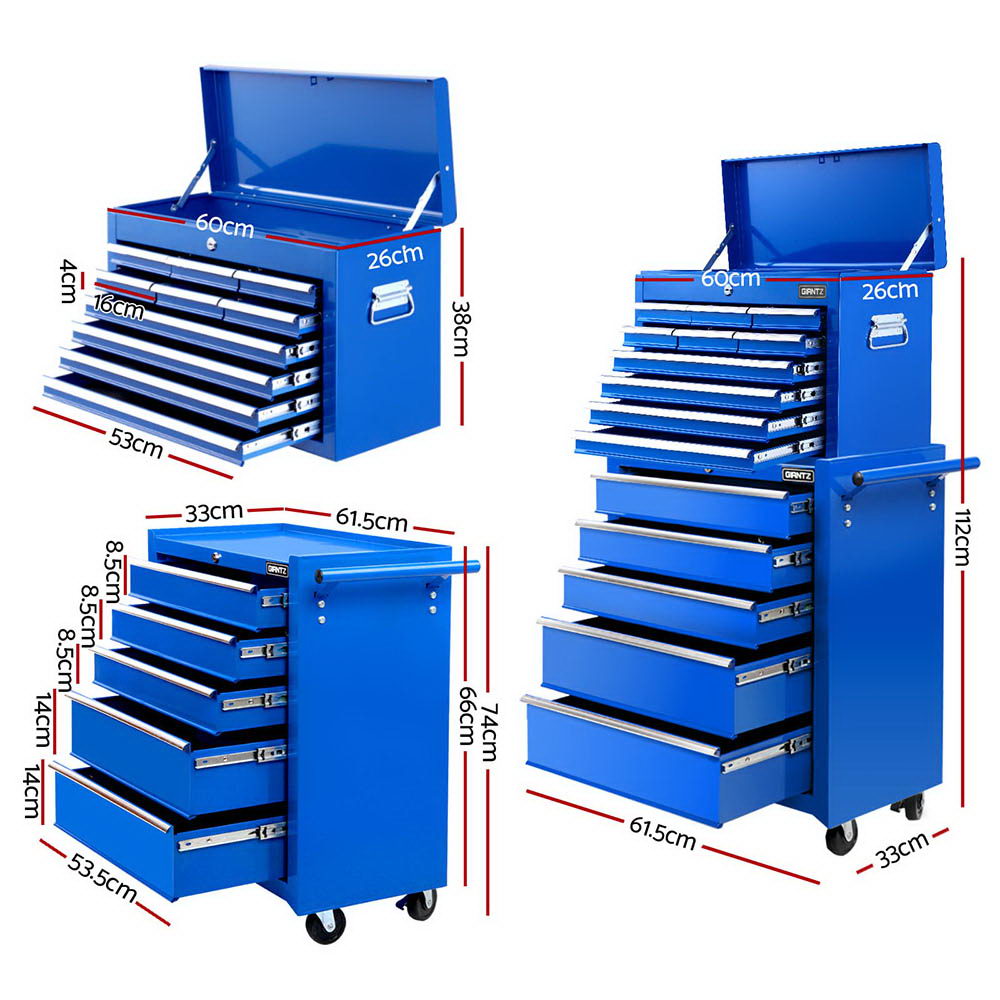 Giantz 15 Drawers Tool Chest Trolley Toolbox 2-in-1 Storage Blue - Image 2