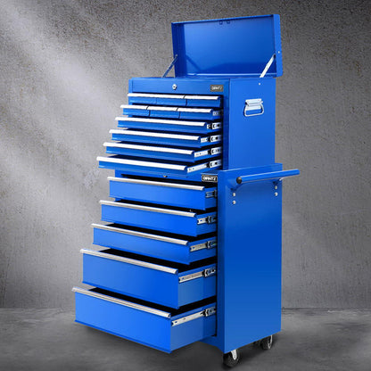 Giantz 15 Drawers Tool Chest Trolley Toolbox 2-in-1 Storage Blue - Image 7