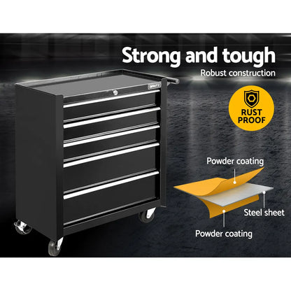 Giantz 5 Drawer Tool Box Cabinet Chest Trolley Box Garage Storage Toolbox Black - Image 3