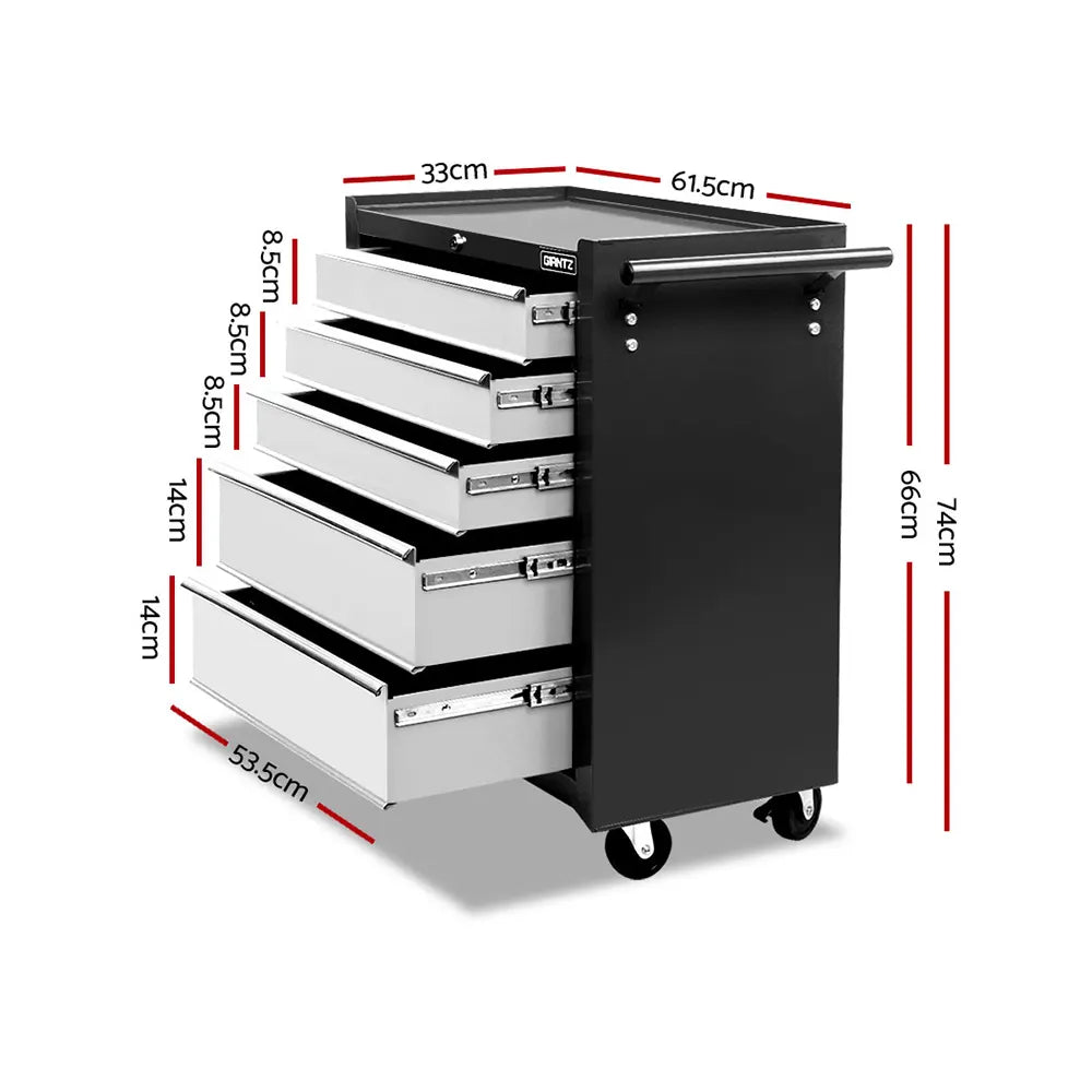 Giantz 5 Drawer Tool Box Cabinet Chest Trolley Box Garage Storage Toolbox Grey - Image 2