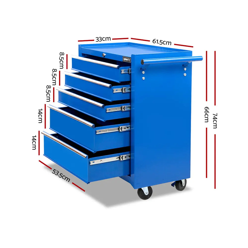 Giantz 5 Drawer Tool Box Cabinet Chest Trolley Box Garage Storage Toolbox Blue - Image 2