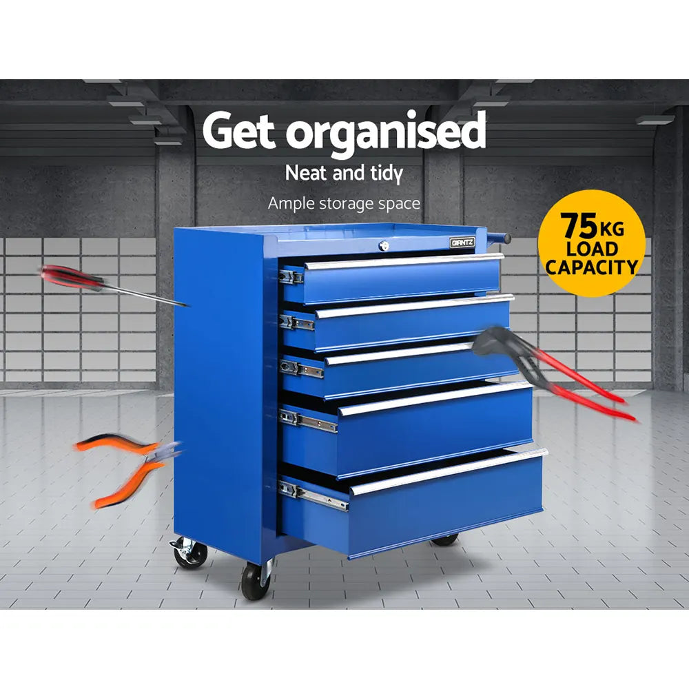 Giantz 5 Drawer Tool Box Cabinet Chest Trolley Box Garage Storage Toolbox Blue - Image 3