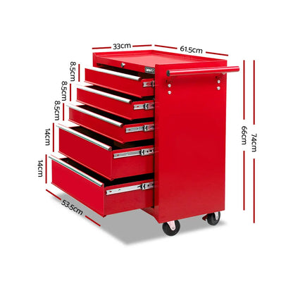 Giantz 5 Drawer Tool Box Cabinet Chest Trolley Box Garage Storage Toolbox Red - Image 2