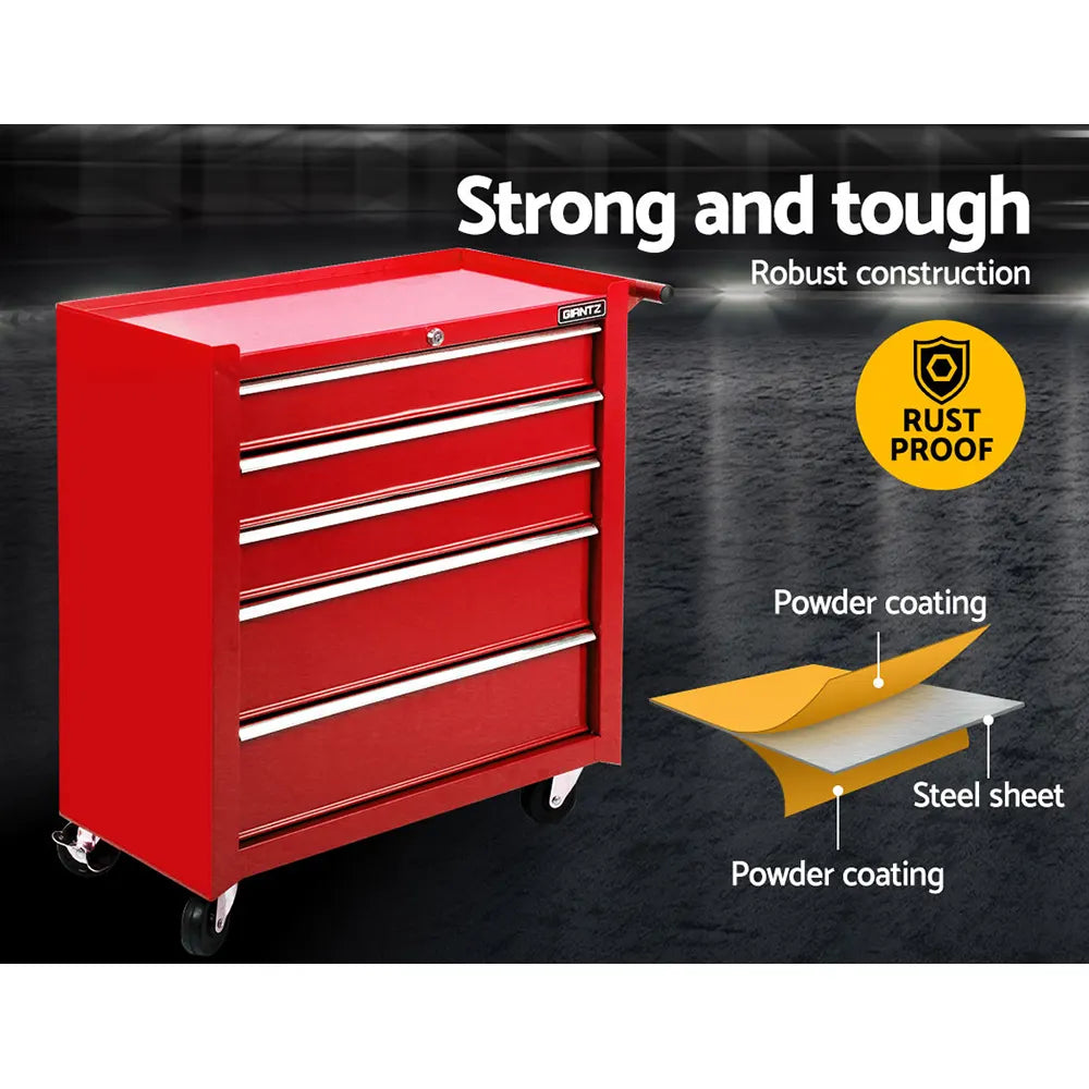 Giantz 5 Drawer Tool Box Cabinet Chest Trolley Box Garage Storage Toolbox Red - Image 3